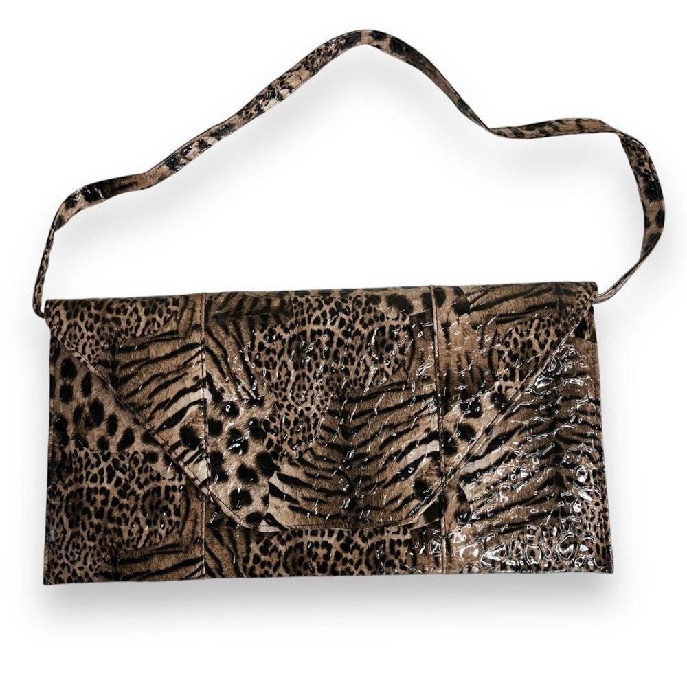 Faux Leather Multi Animal Print Shiny Envelope Hand Bag Removable Strap Clutch